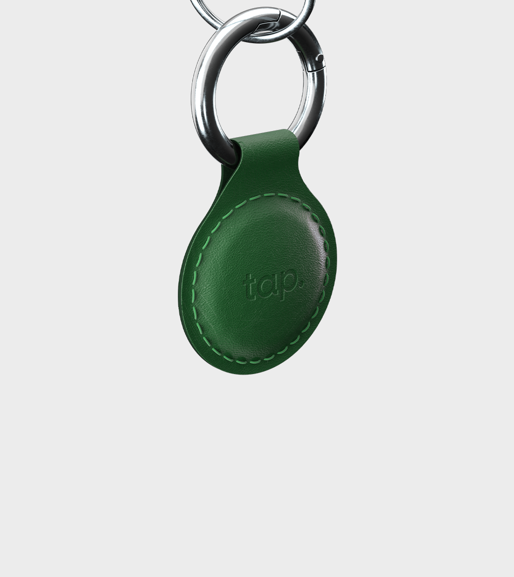 Green leather keychain, showcasing the digital contactless feature