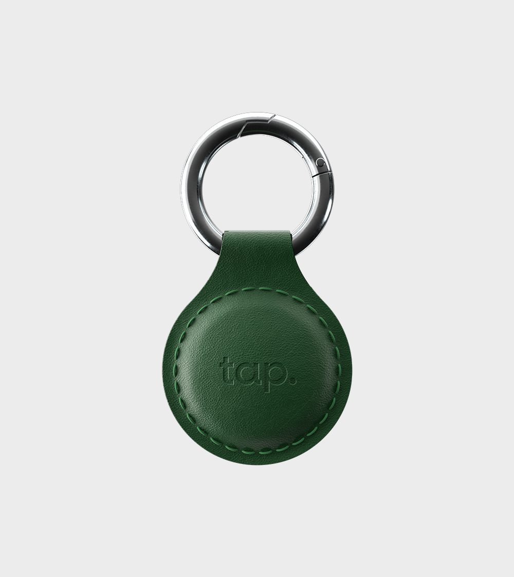 Green leather keychain with metal ring and company logo for digital networking