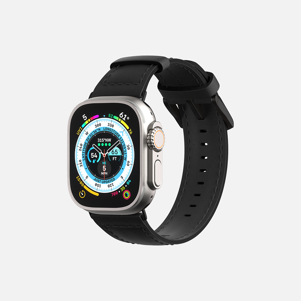 Apple Smartwatch with fitness tracker display and black strap on a white background.