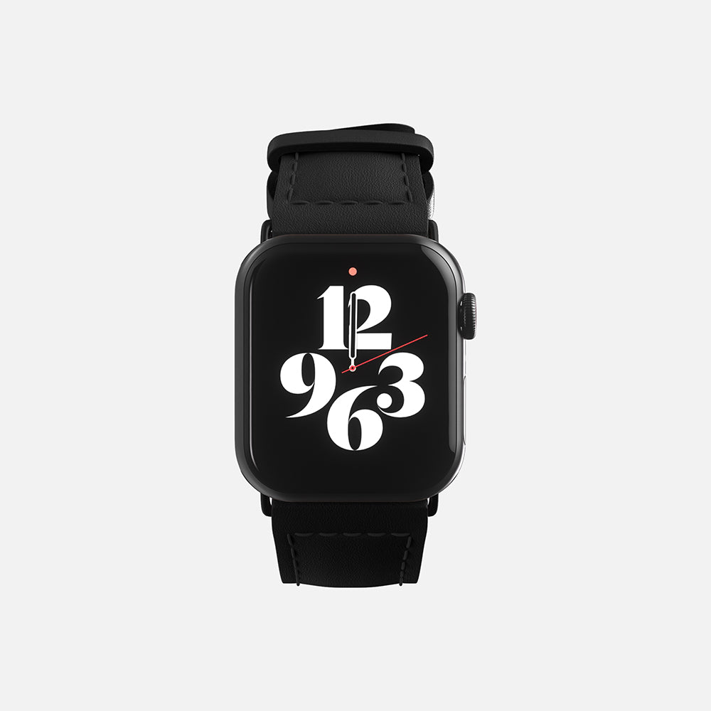 Digital Apple smartwatch with stylish black leather band and numerals display on a white background.