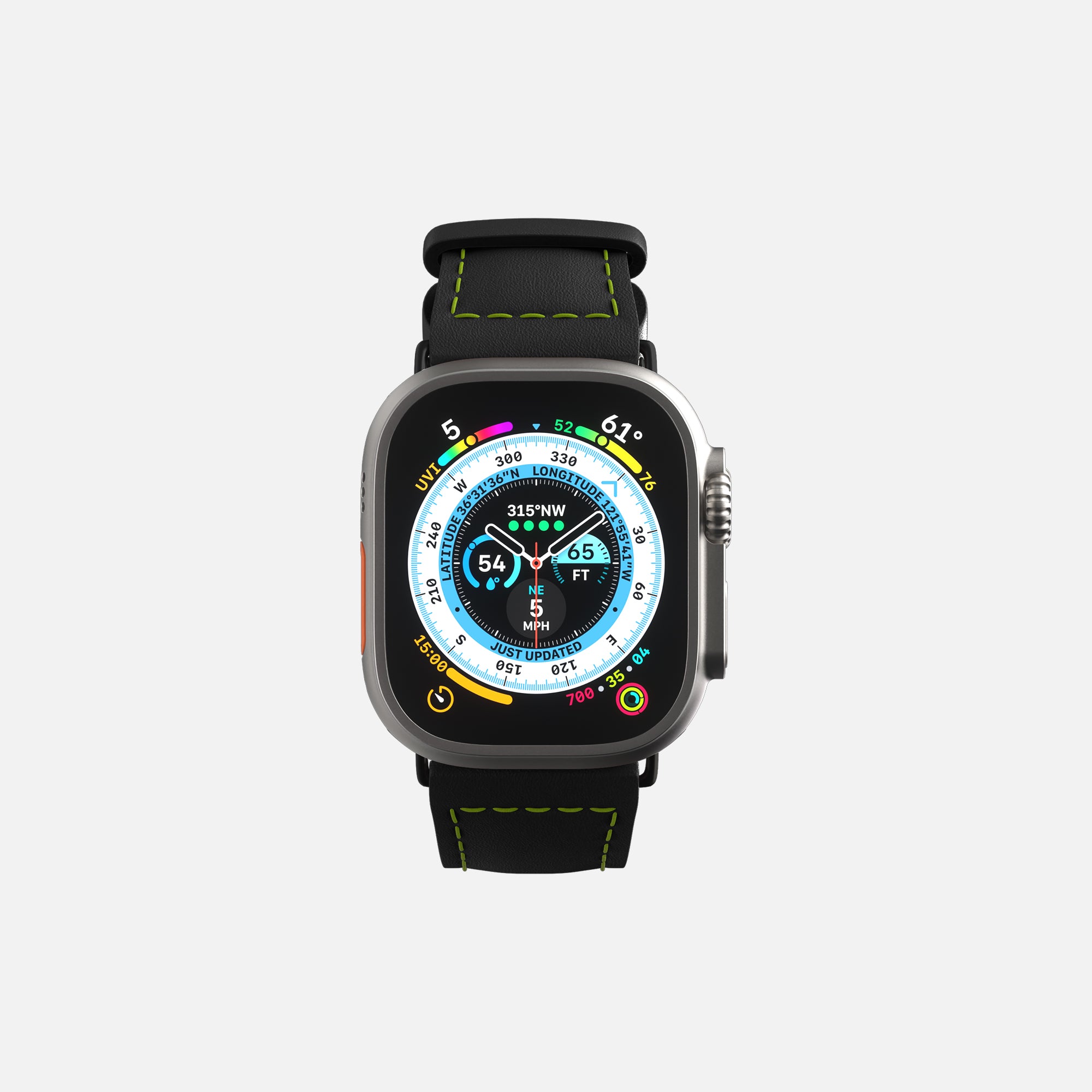Apple Smartwatch with compass display on white background, modern technology accessory.