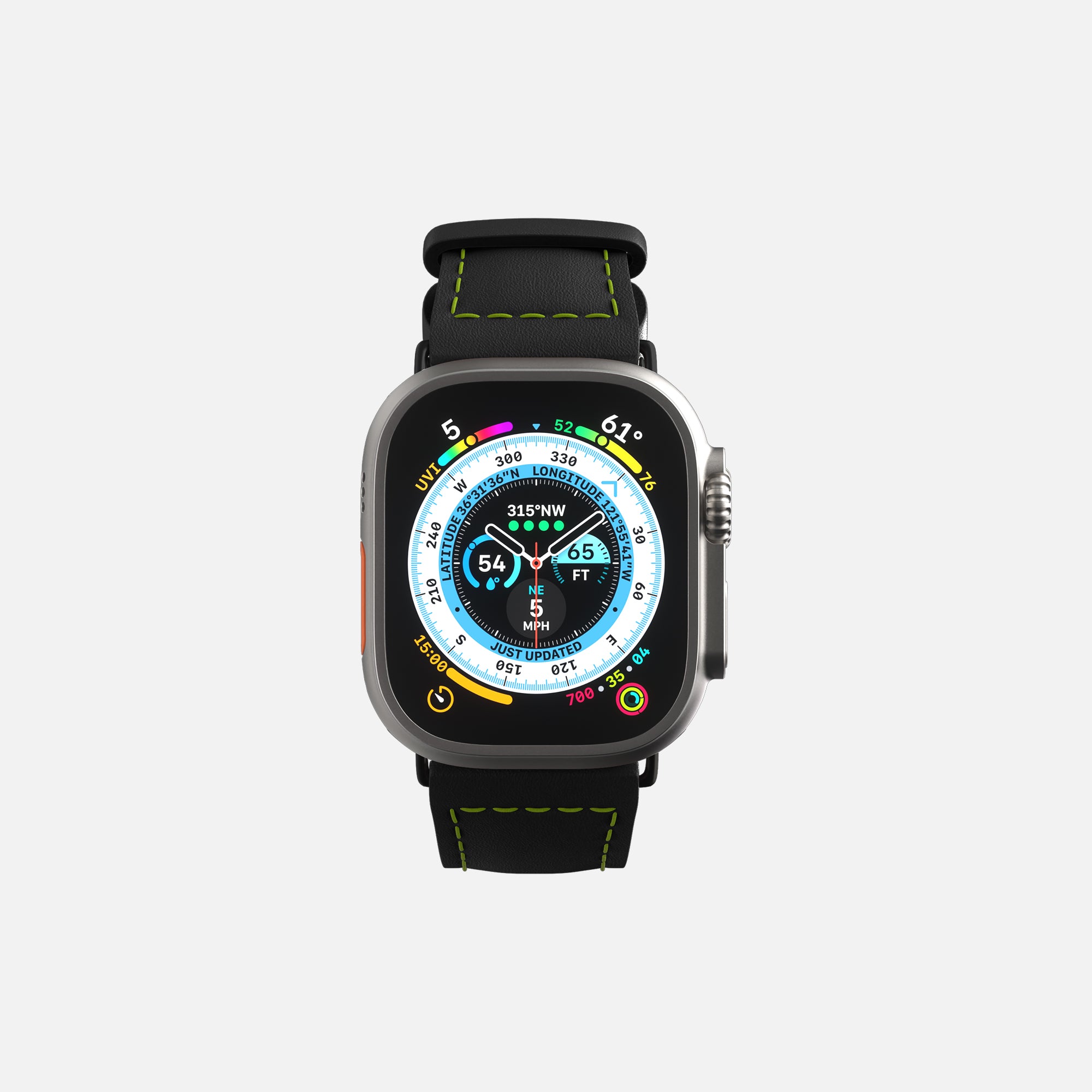Apple Watch leather strap - Black/Neon stitching - 42/44/45/49mm
