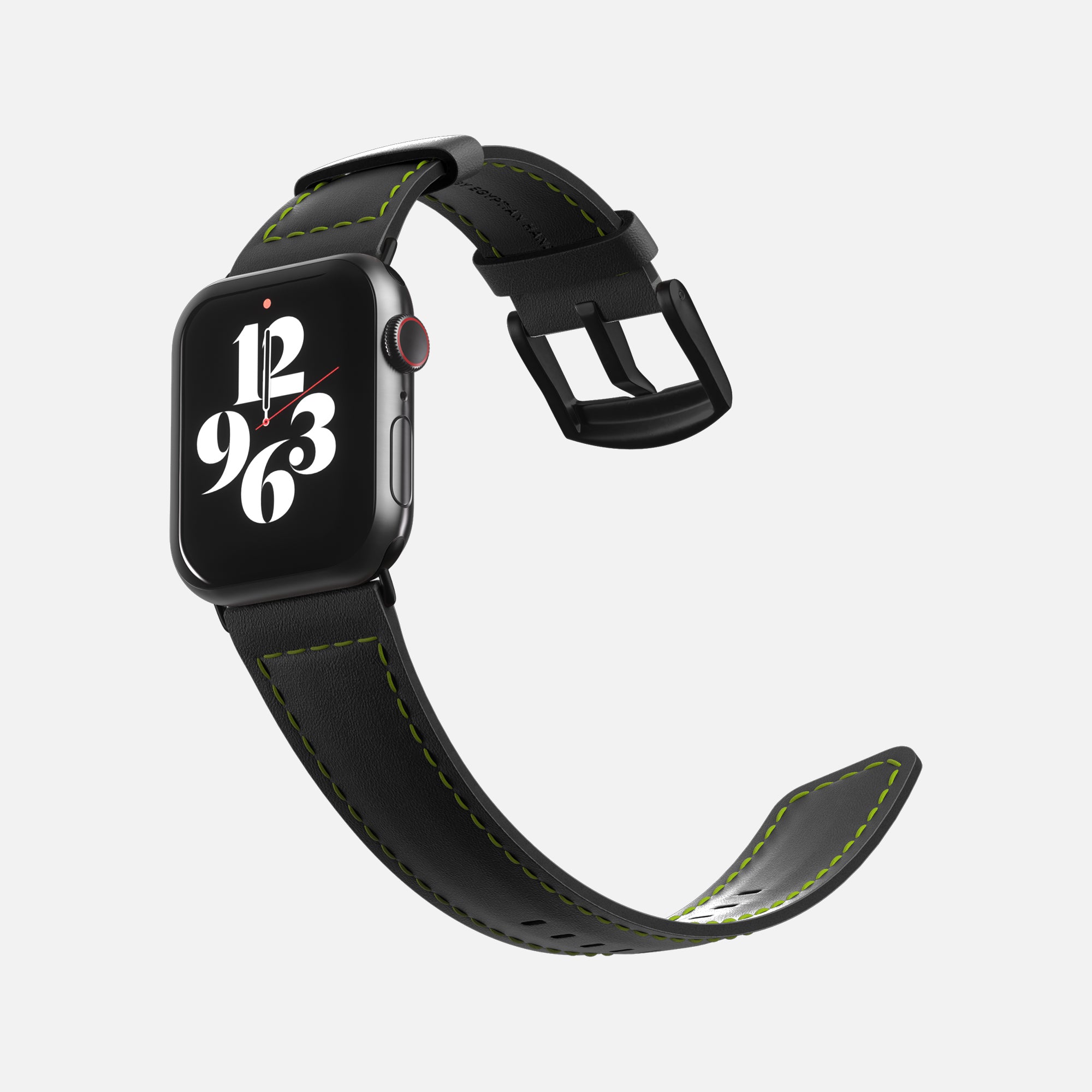 Smartwatch with black sport band and customizable watch face displaying time on a white background.