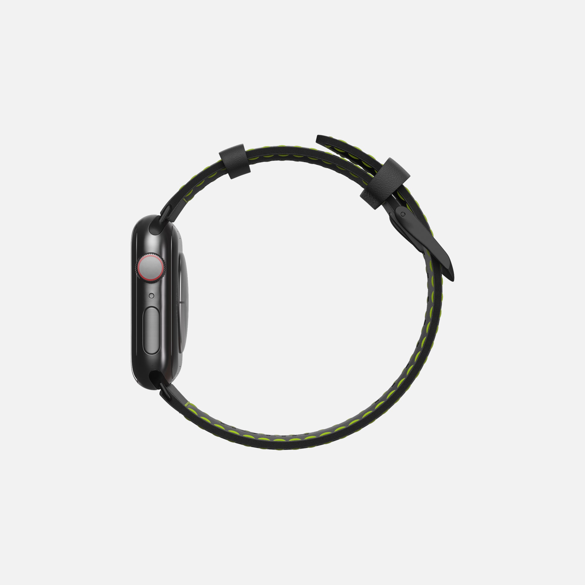 Side view of an Apple Smartwatch with black sport band and red digital crown on white background, high-tech wearable device."