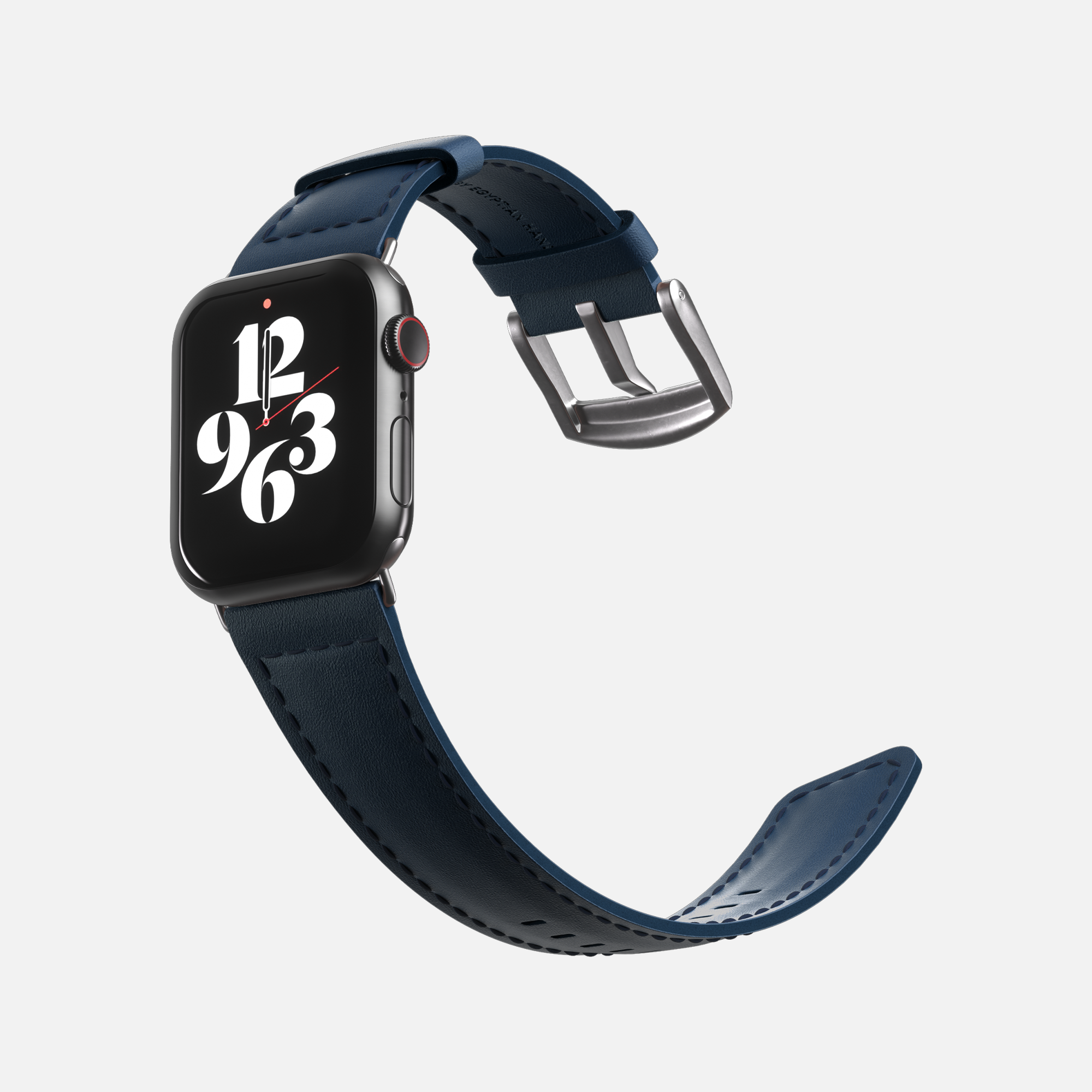 Apple Smartwatch with navy blue strap and digital clock face on a white background.