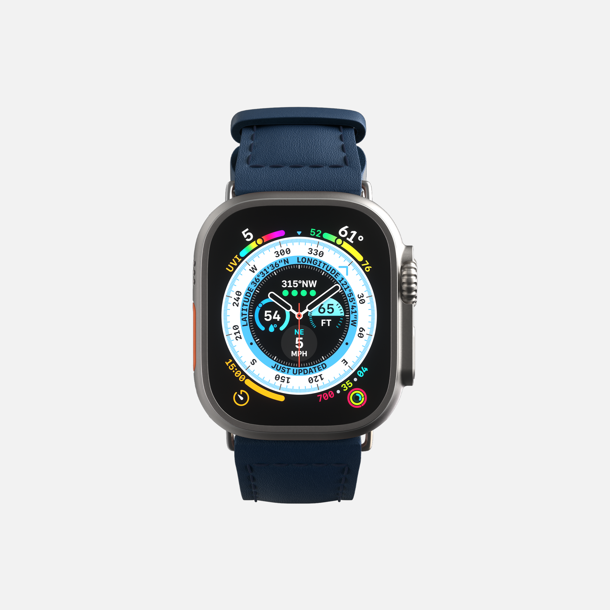 Modern Apple smartwatch with blue strap displaying colorful compass navigation screen on white background.