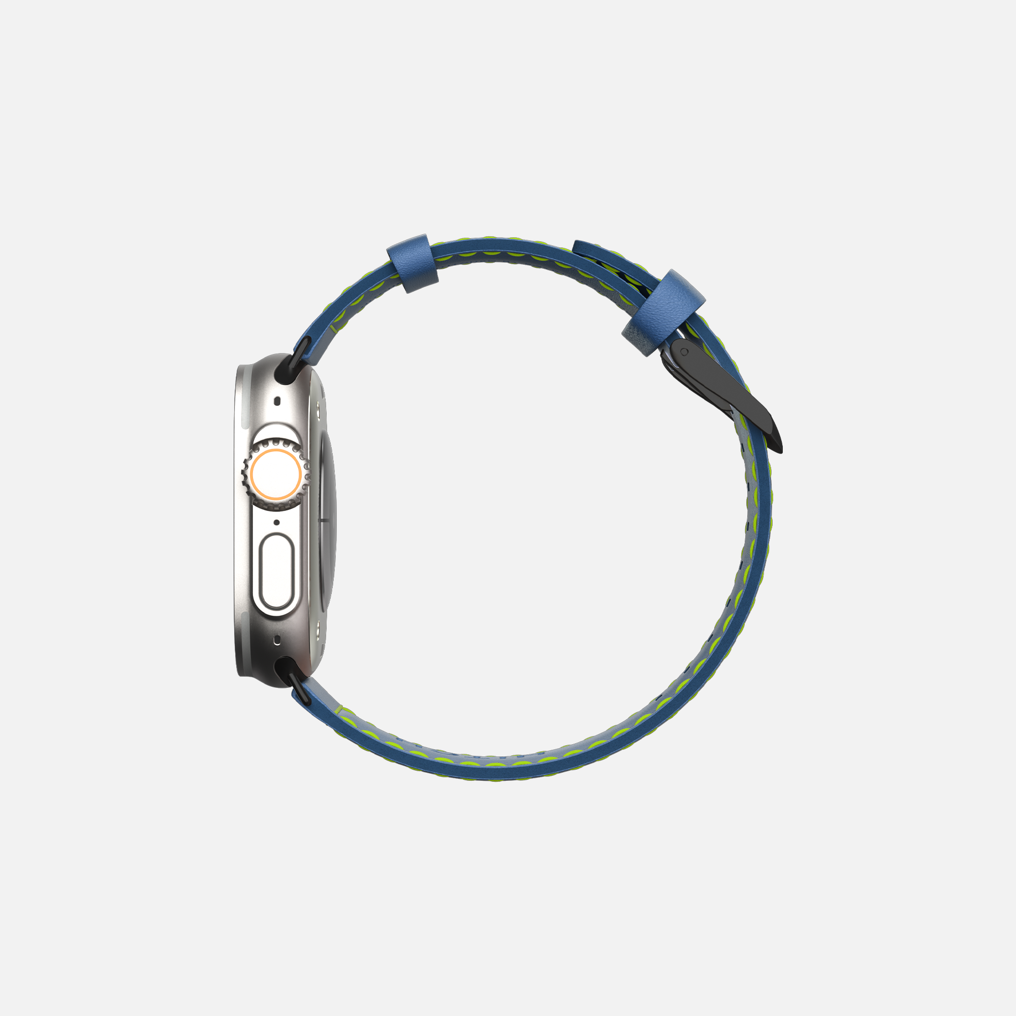 Side view of an Apple Smartwatch with blue leather strap and green stitching on a white background.