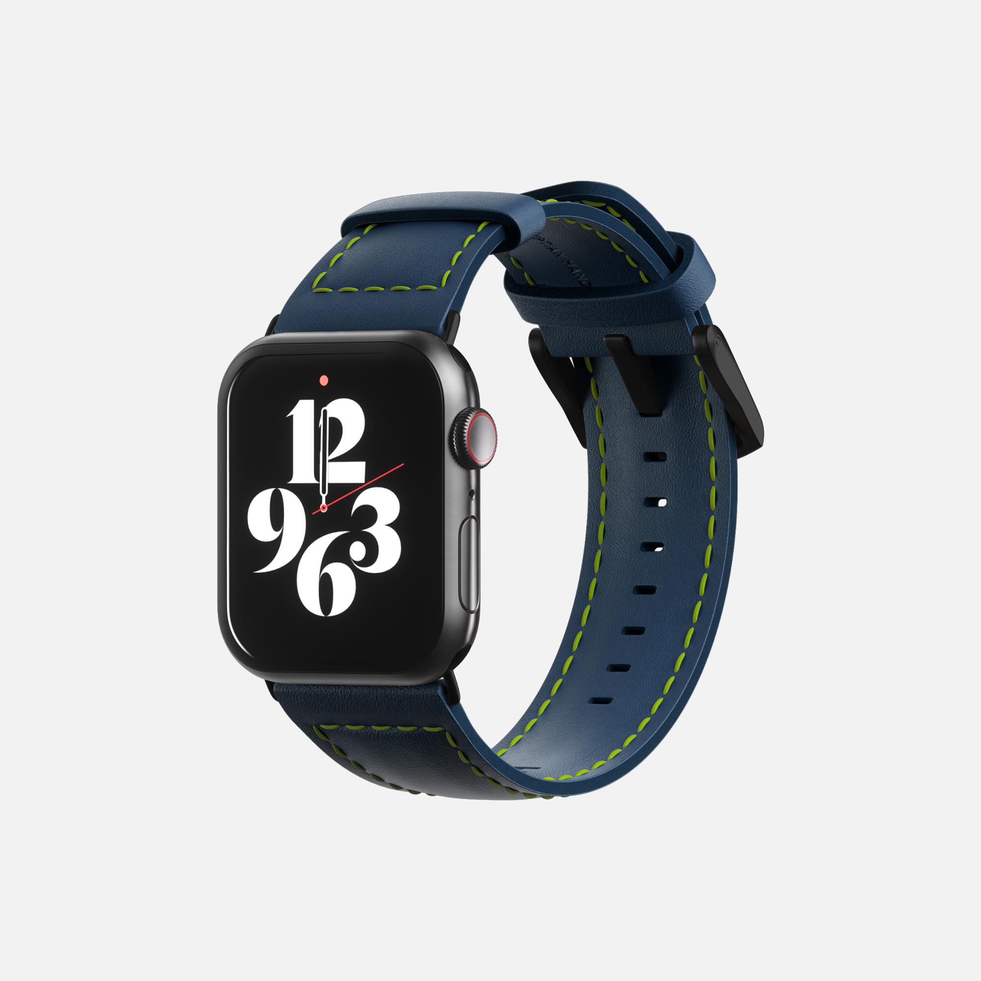 Apple Smartwatch with blue strap, green stitching, and customizable face display.