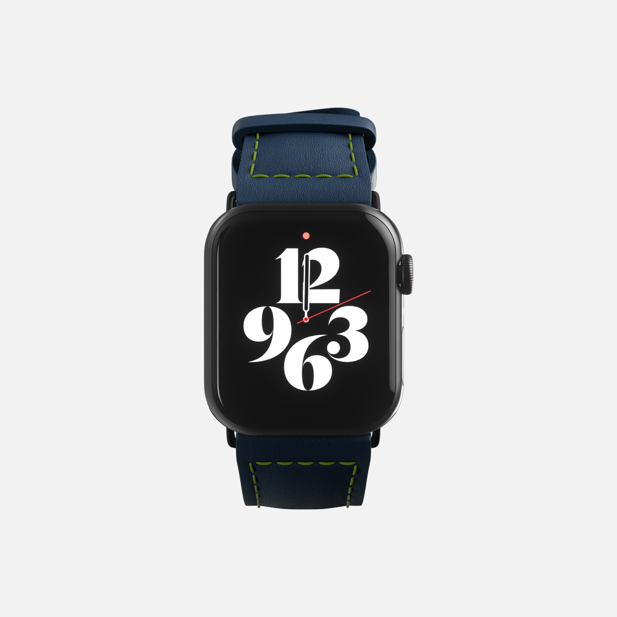 Modern Apple  smartwatch with navy blue strap and stylized clock face design showing time.