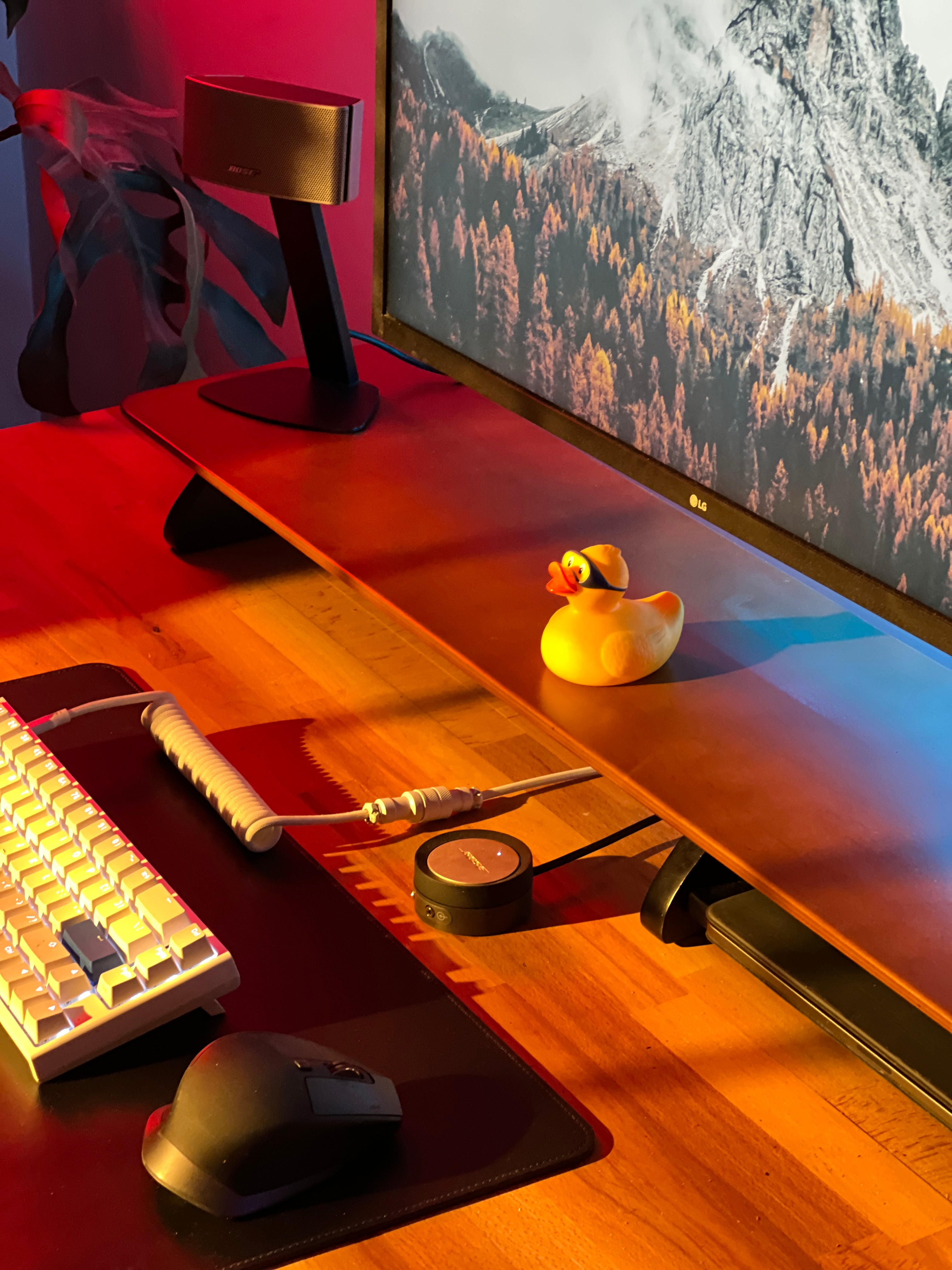 Modern wooden desk shelf by woodsy with mechanical keyboard, ergonomic mouse, desk lamp, mountain wallpaper, and rubber duck."