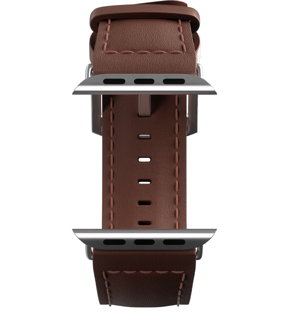 Brown leather Apple smartwatch band with stitching details and metal clasp on a white background.