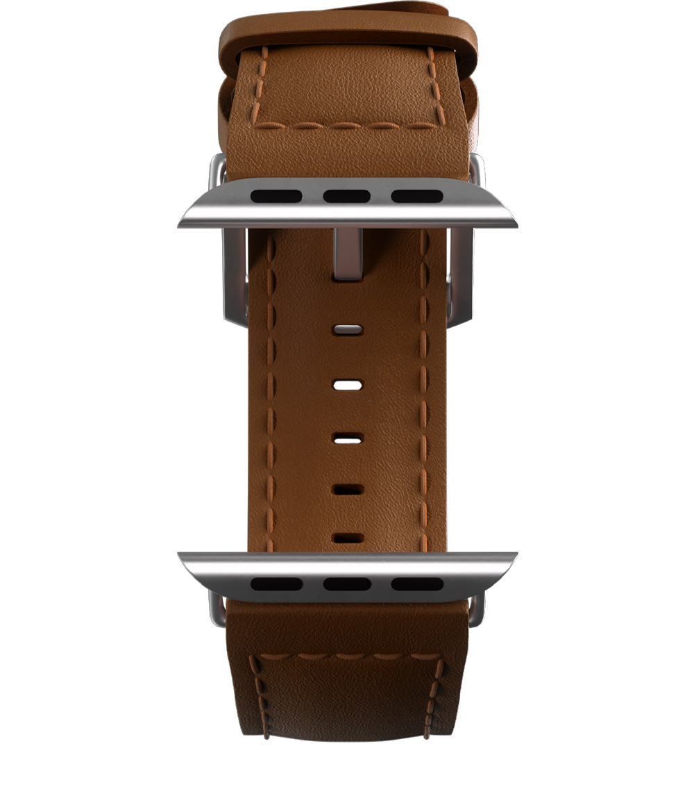 Brown leather Apple smartwatch strap with stainless steel buckle, isolated on a transparent background.
