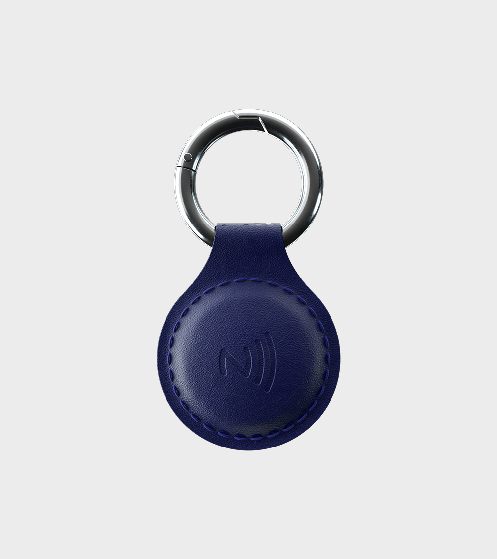 Blue leather keychain with NFC icon and metal ring