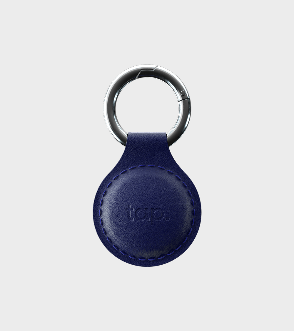 Blue leather keyring with silver clasp and embossed logo on white background.