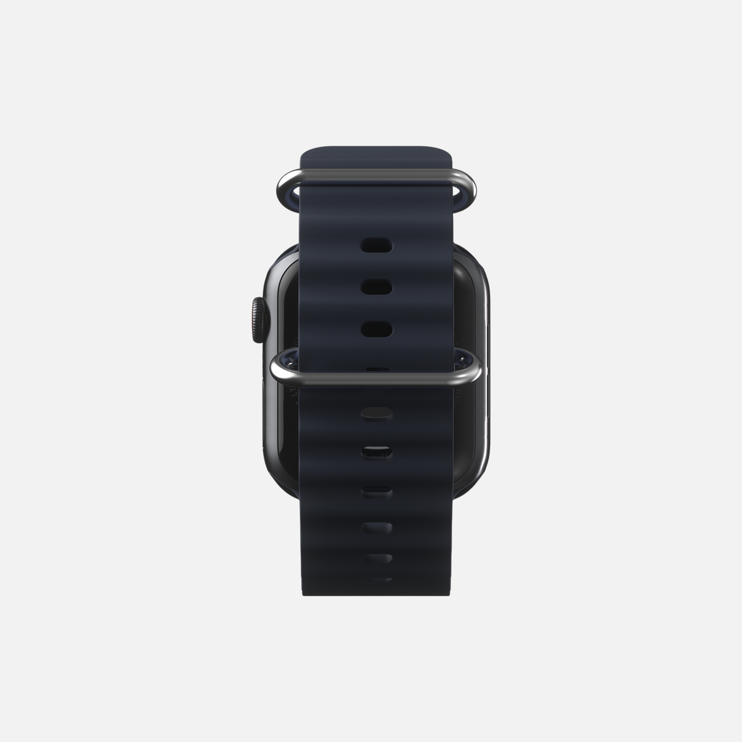 Rear view of a modern smartwatch for Apple watch with black sport band isolated on white background"