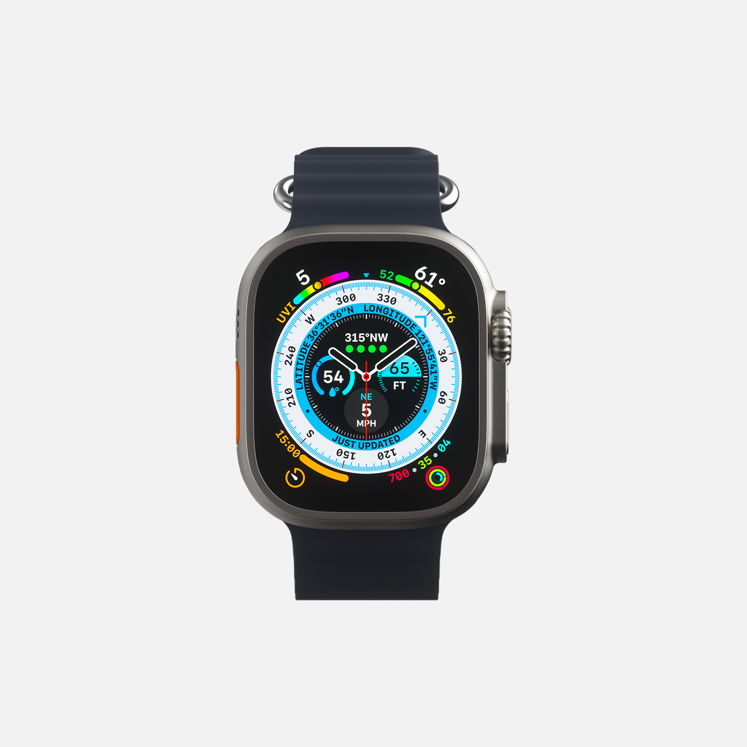 Apple Smartwatch with black sports band displaying colorful activity rings and weather data on a white background.