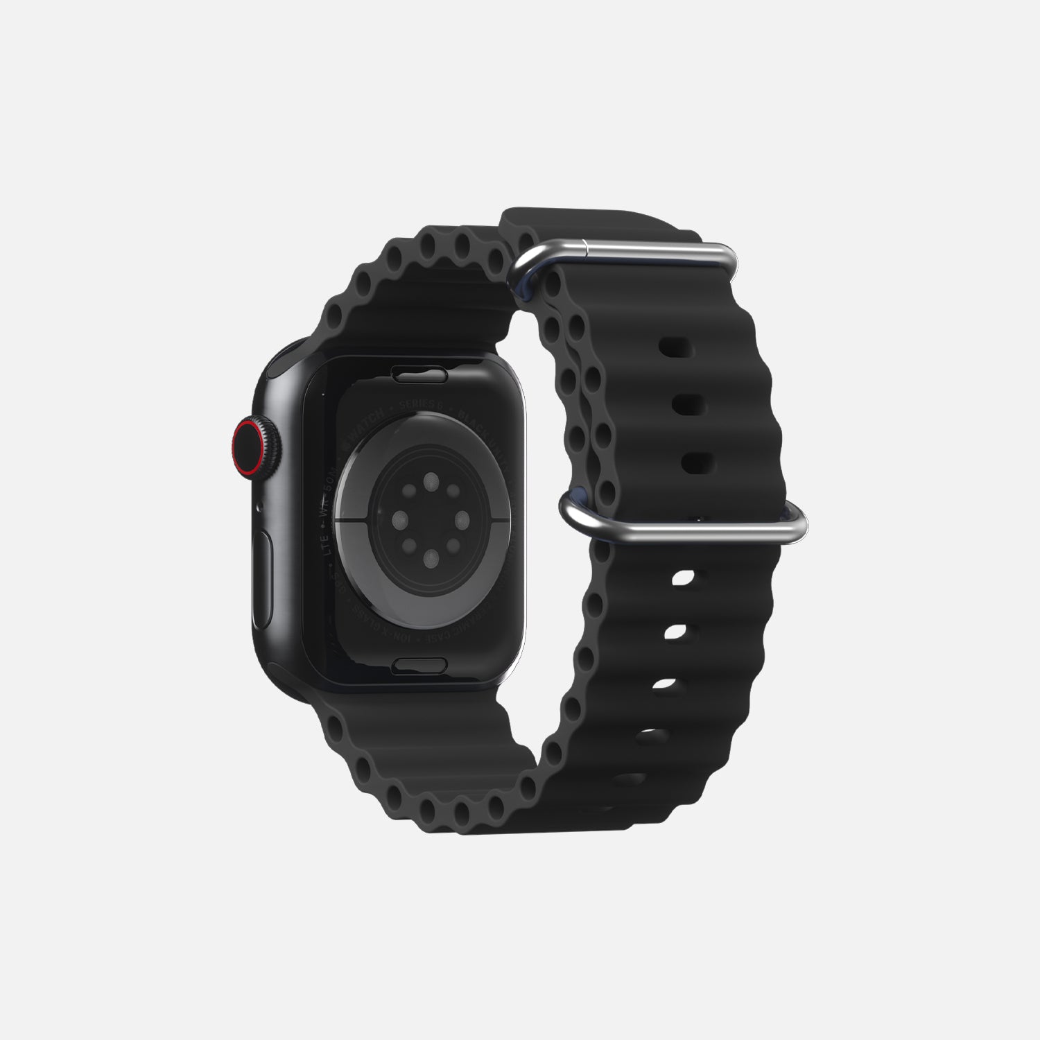 Rear view of a black Apple smartwatch with sport band and red digital crown on white background.