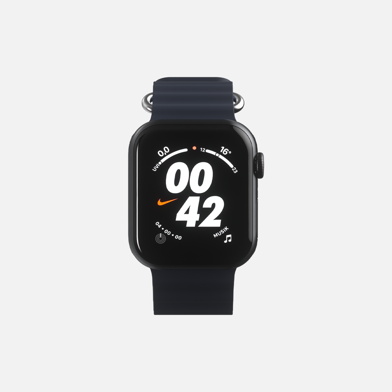 Apple Smartwatch with Nike interface, black sports band, fitness tracking features, on a white background."