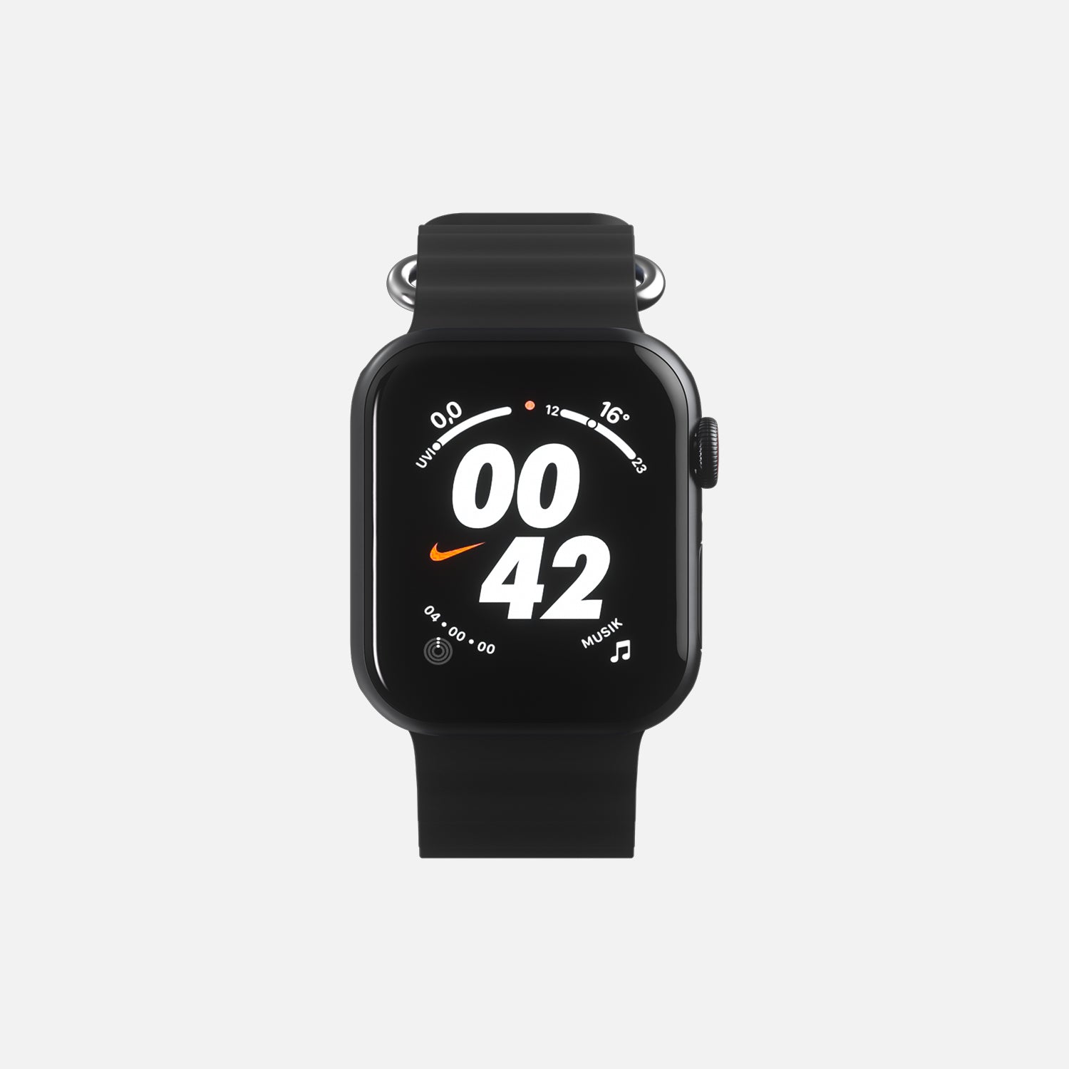 Black Apple smartwatch with Nike logo on digital display, isolated on white background.