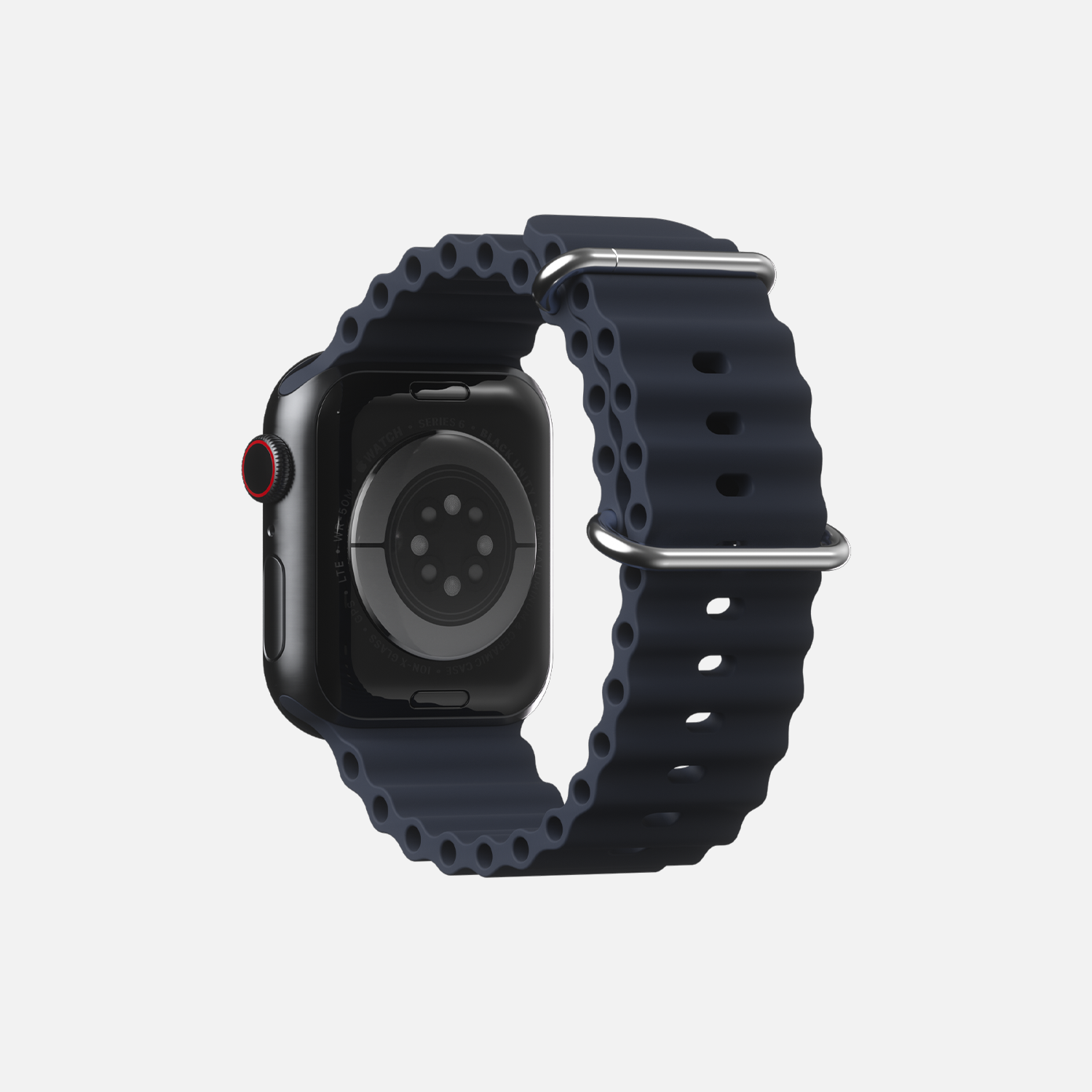Rear view of a smartwatch for Apple watch with black sports band and red digital crown, isolated on white background.