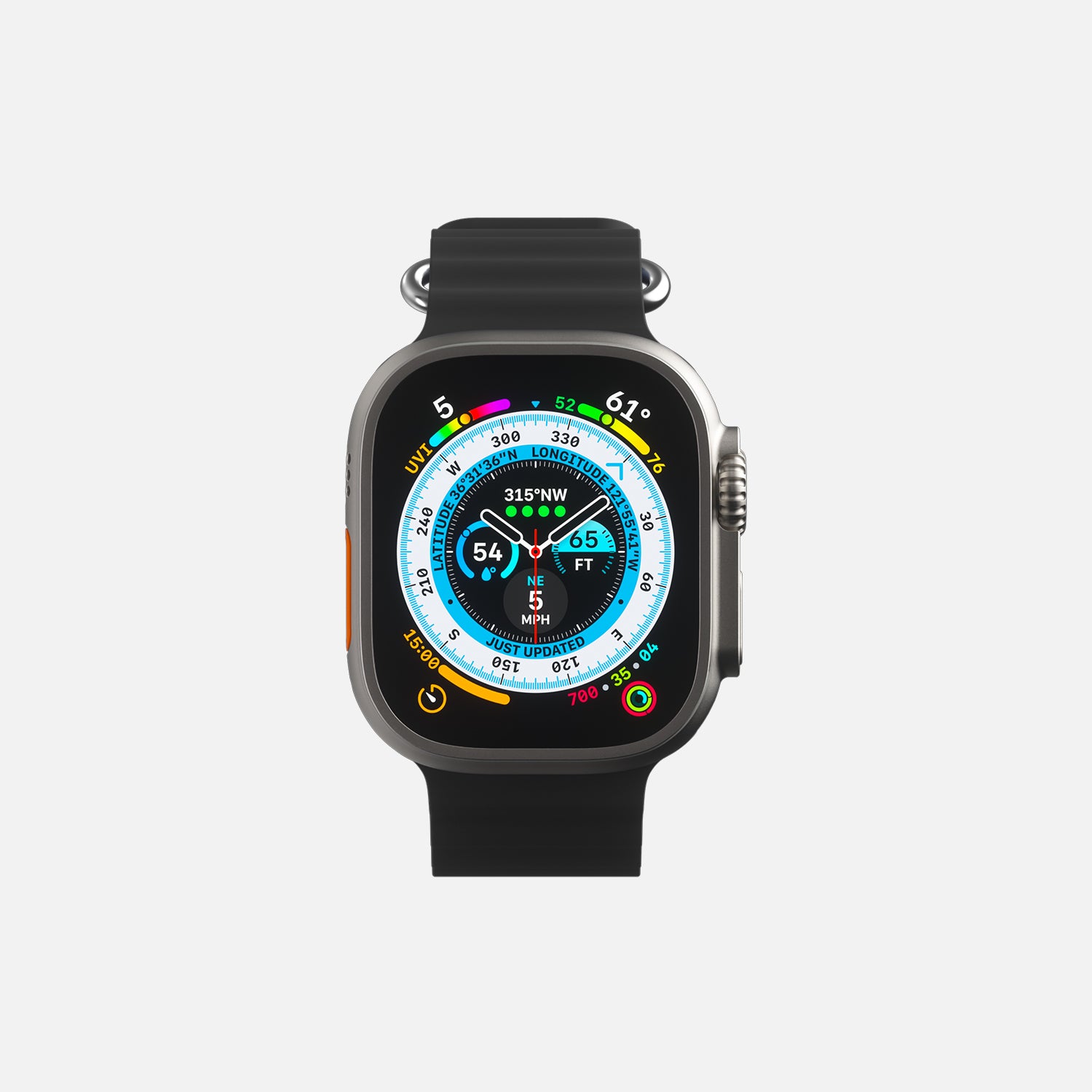 Apple Smartwatch with colorful display featuring fitness tracking dials on white background.