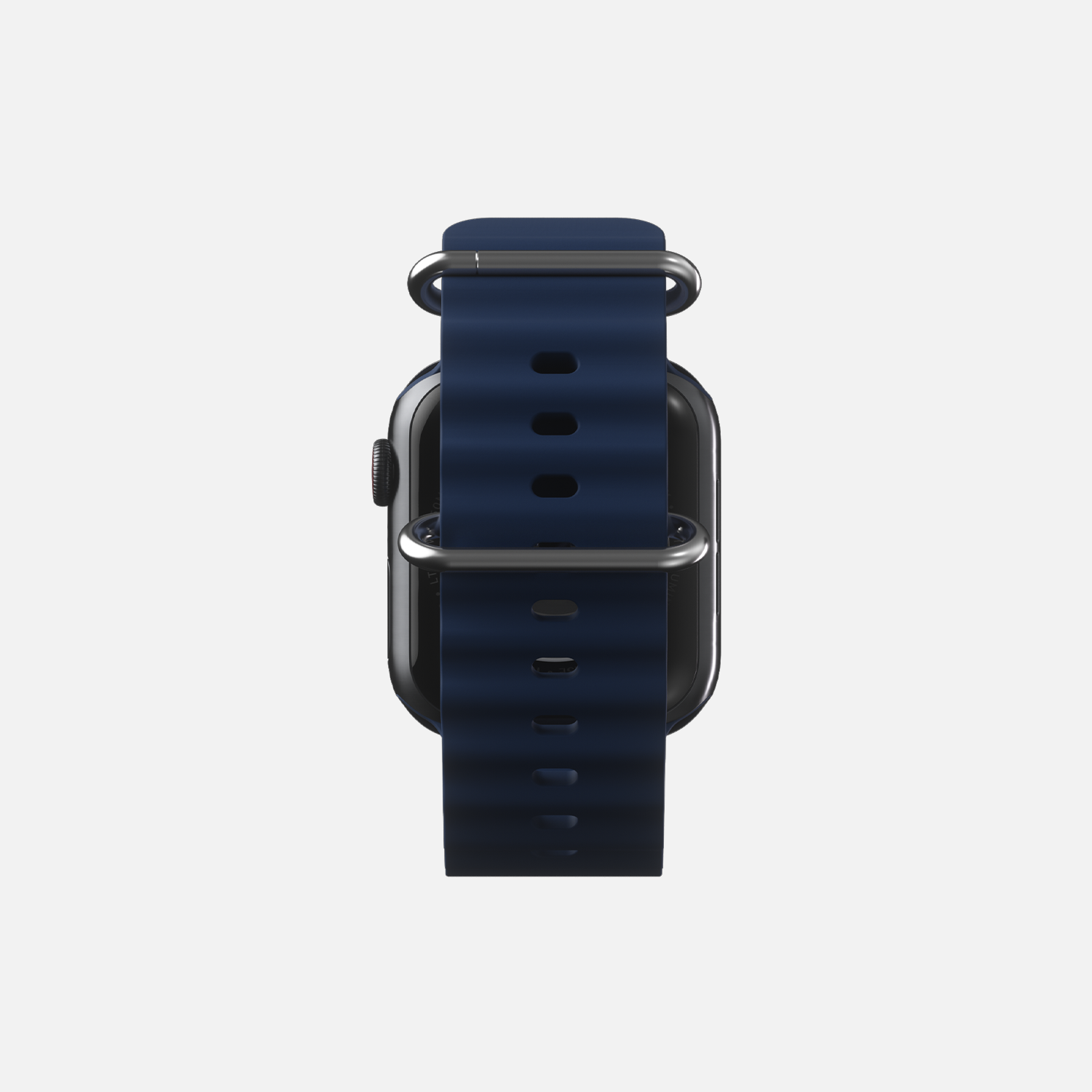 Navy blue smartwatch with silicone band, isolated on white background.
