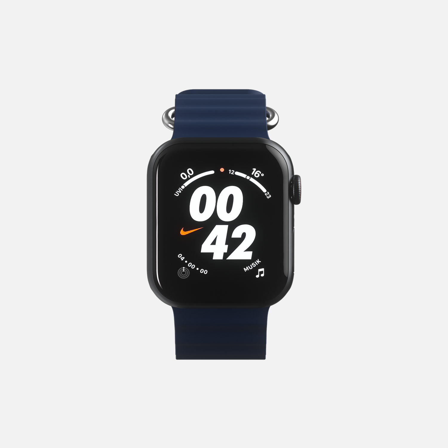 Smartwatch with Nike interface and blue sports band isolated on white background."