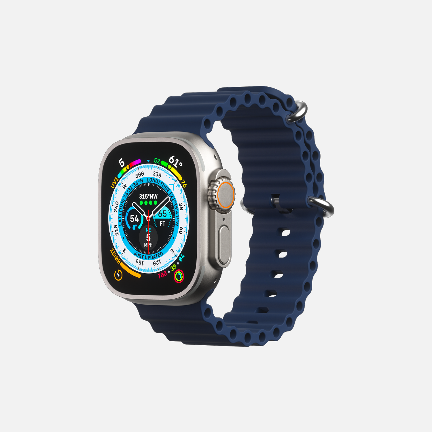 Smartwatch with blue sports band displaying fitness tracking data on a white background.
