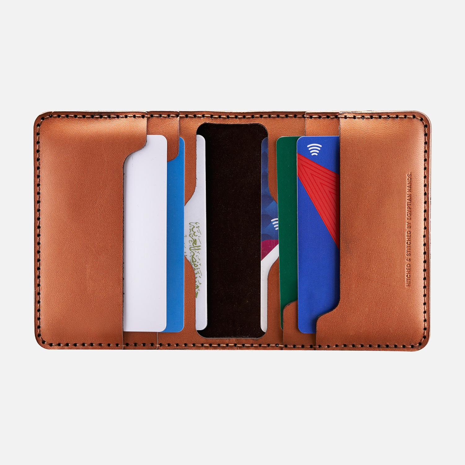 Leather bifold wallet with various credit cards isolated on white background.
