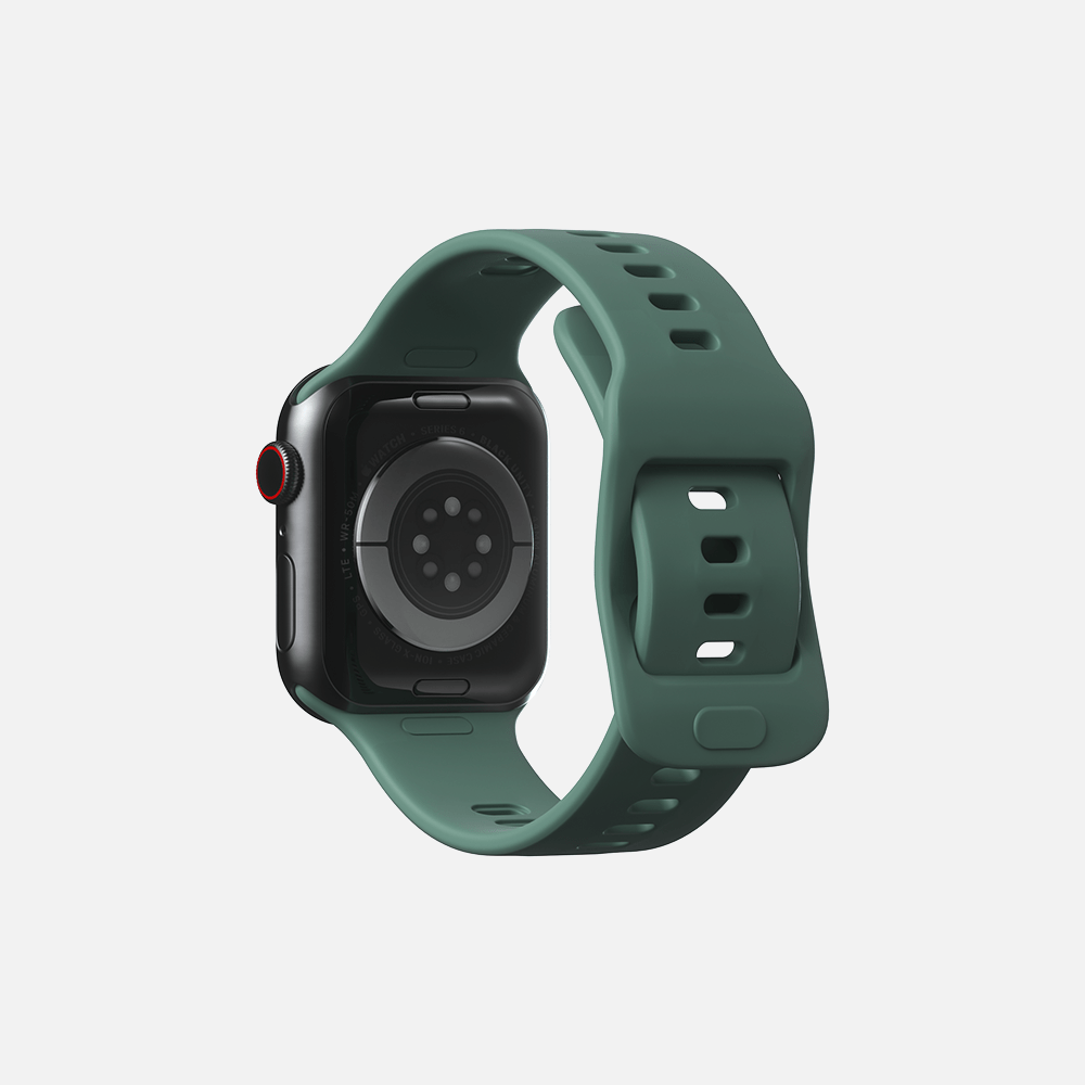 Green smartwatch with digital crown and sports band, isolated on white background.