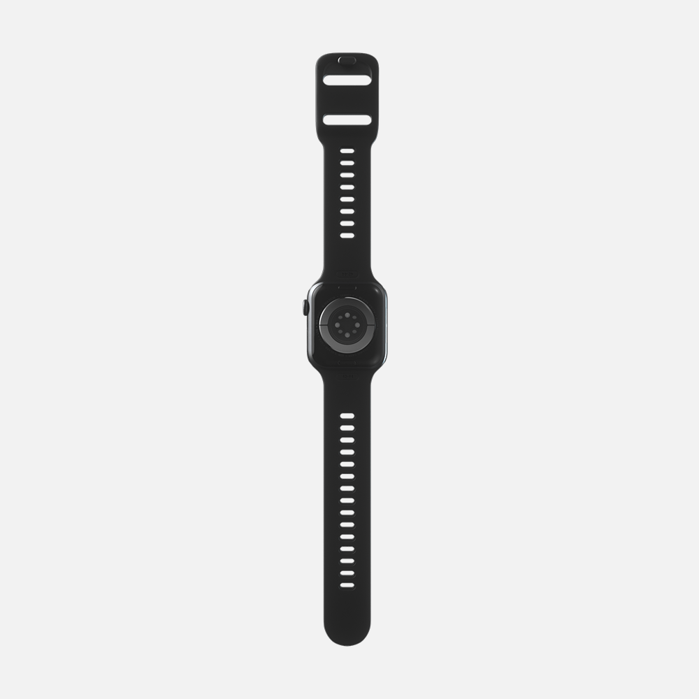 Black smartwatch with sports band on a white background.
