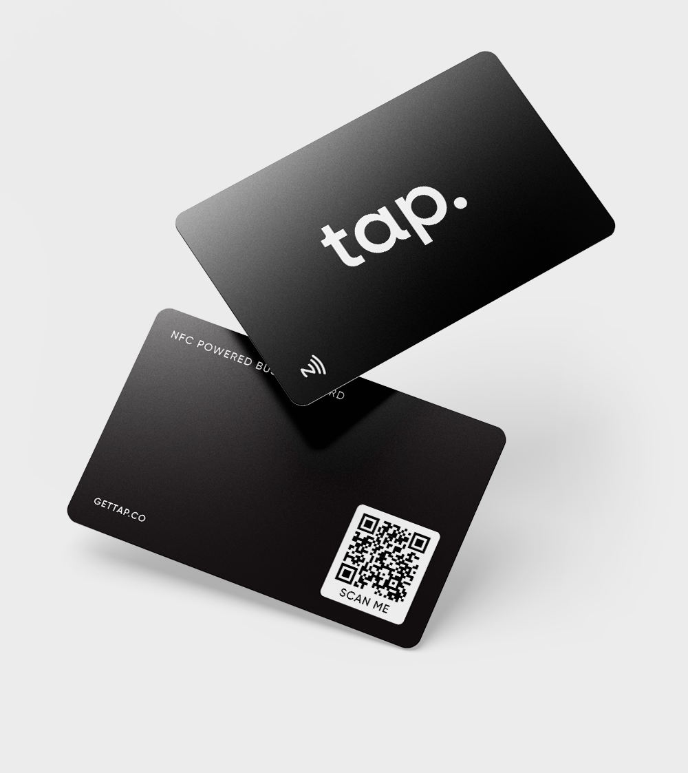 Two angled black NFC business cards with tap. logos.