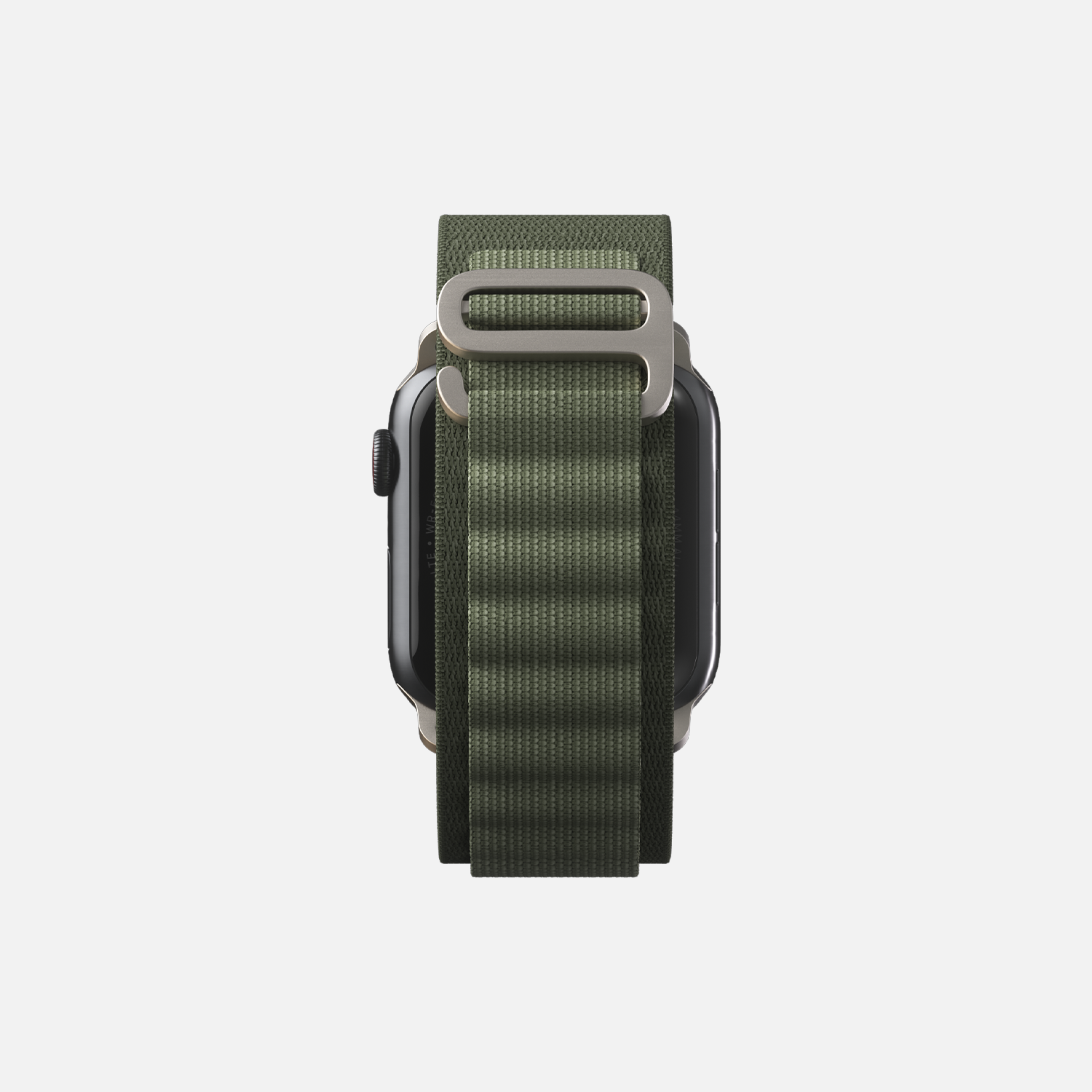 Sage green nylon band on smartwatch, sleek design, isolated on white background.