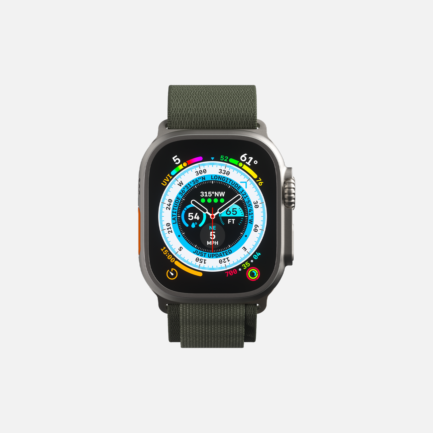 Smartwatch with colorful display and green strap on white background, showing compass and altitude features.