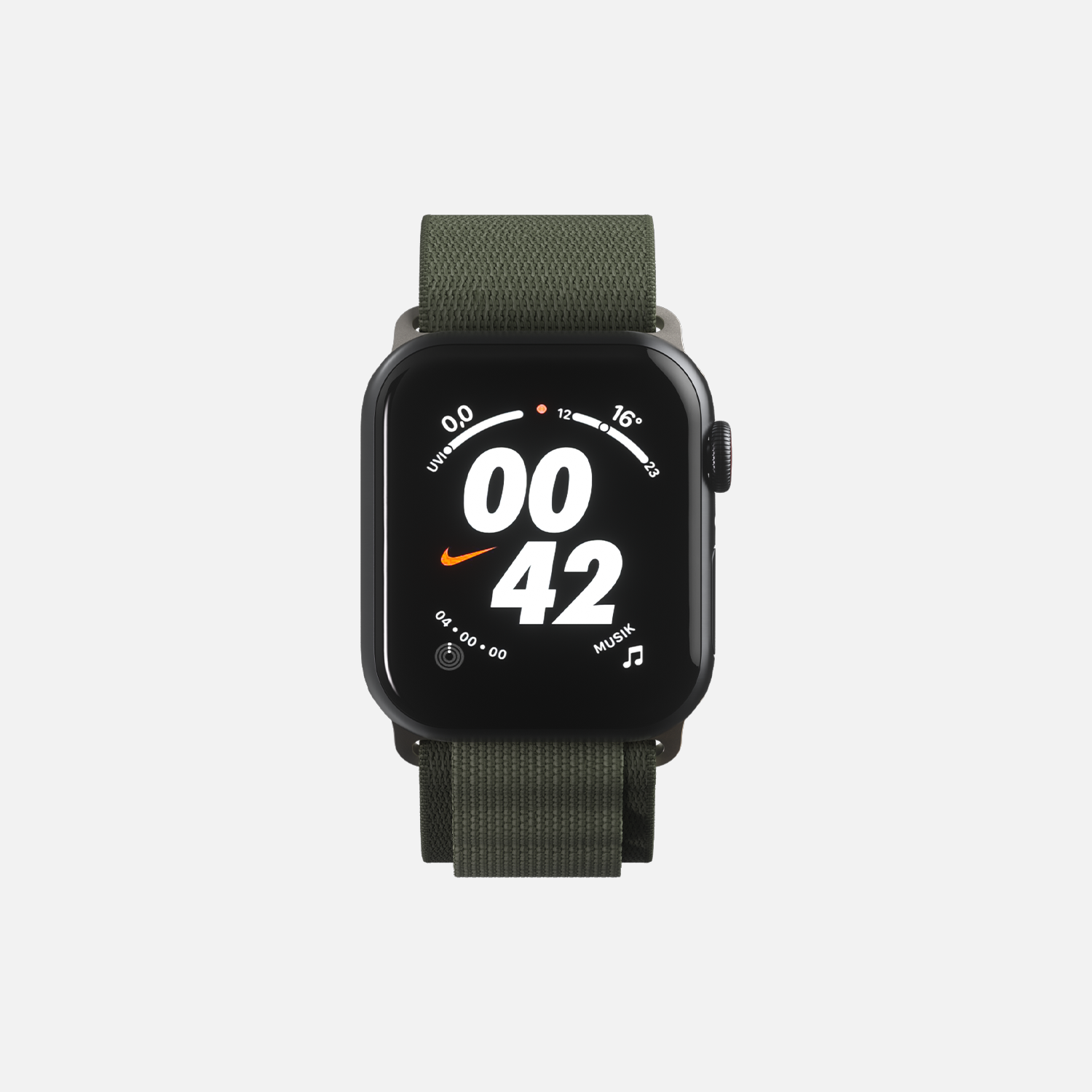 Smartwatch with sage green strap displaying Nike-themed digital clock face.