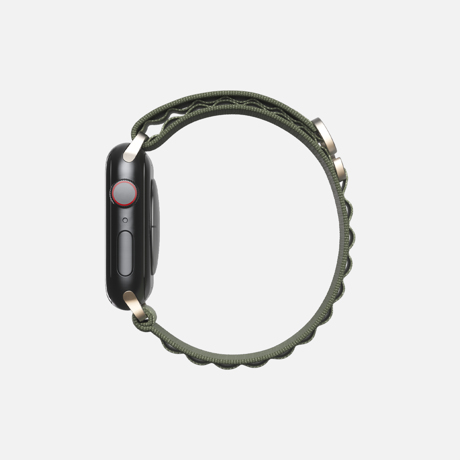 Side view of a green sage loop band on smartwatch with red-accented digital crown, side button, and aluminum case.