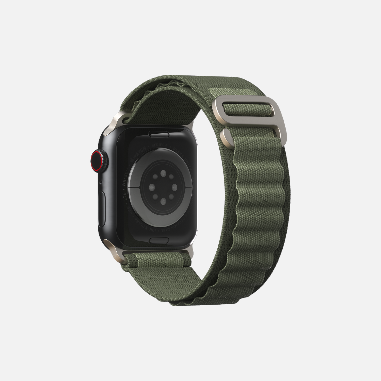 Rear view of a smartwatch with sage green woven strap, black casing, and red digital crown on white background.