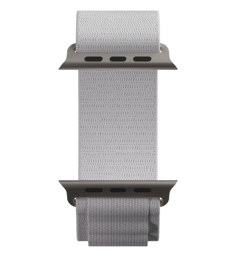 Gray woven fabric watch band isolated on a white background.