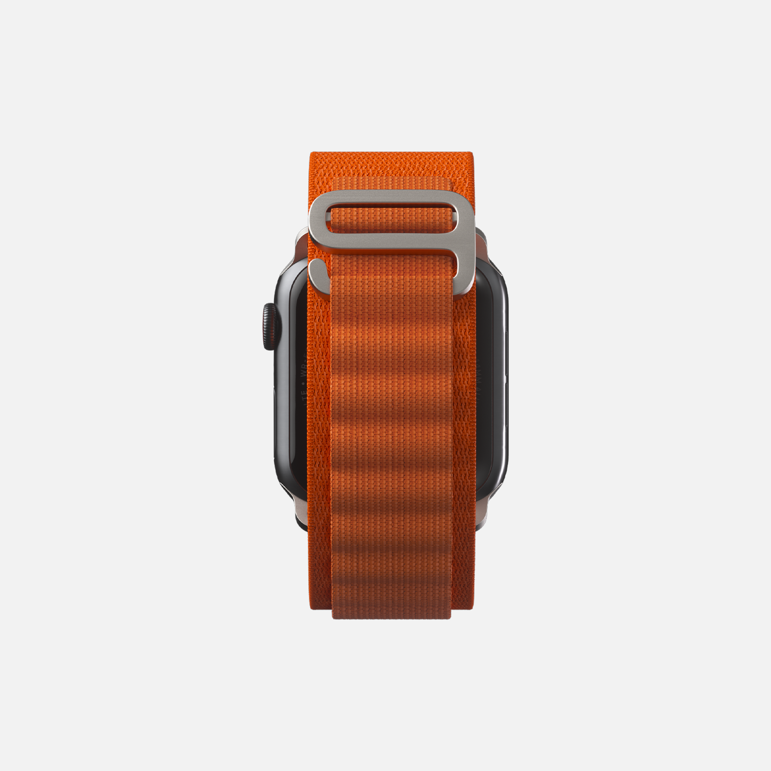 Rear view of an orange woven smartwatch band with silver buckle on a white background.