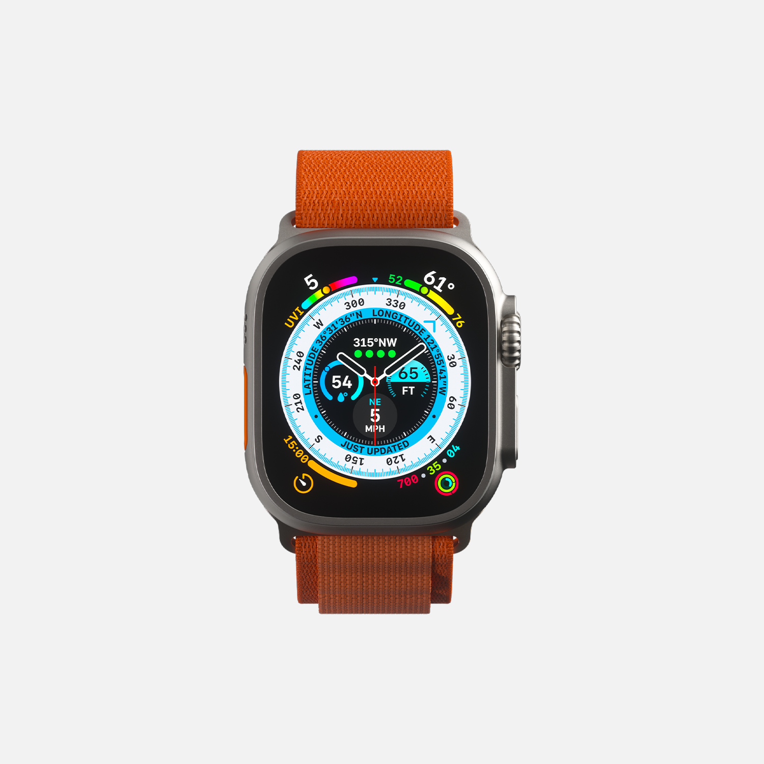 Smartwatch with orange strap and colorful analog-digital watch face displaying compass and altitude.
