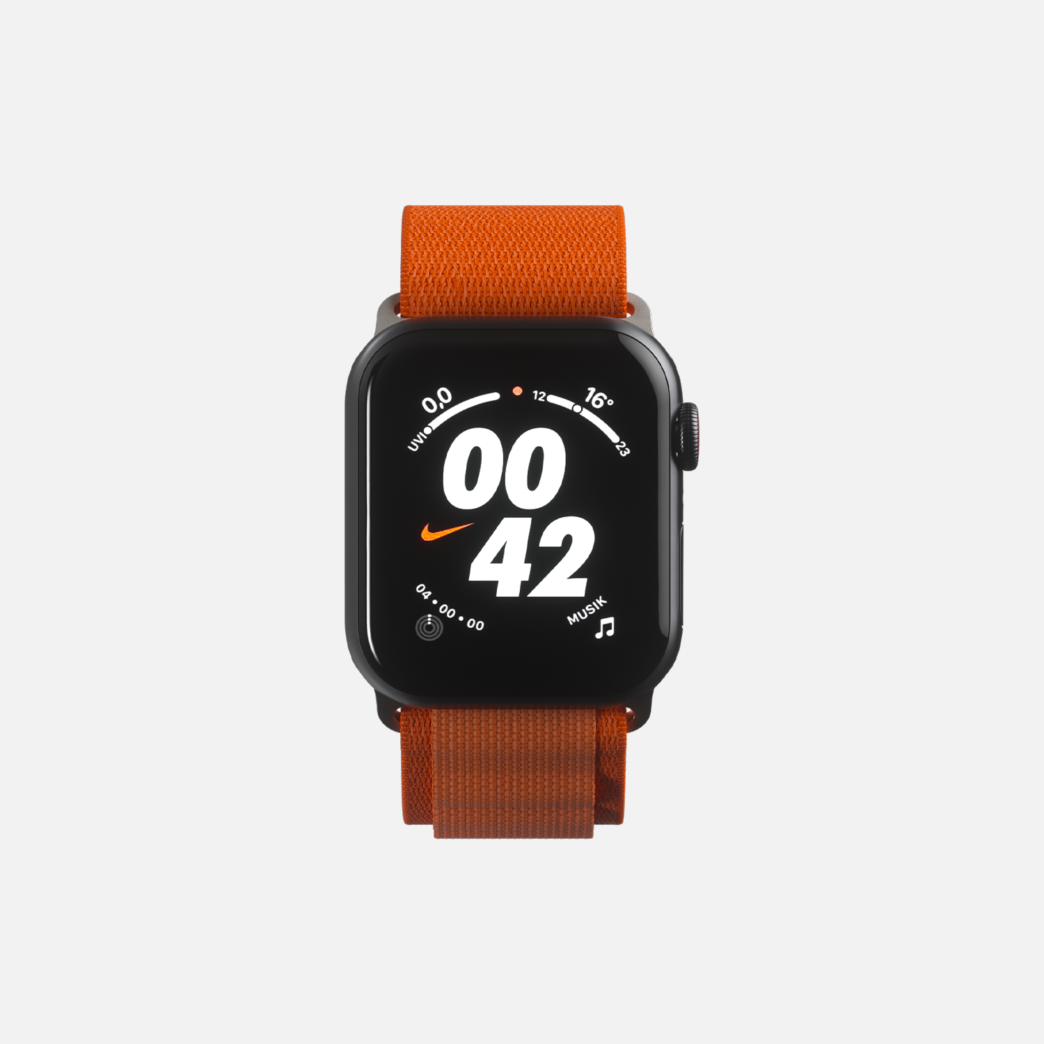 Black smartwatch with orange strap, displaying Nike logo on screen, isolated on white.