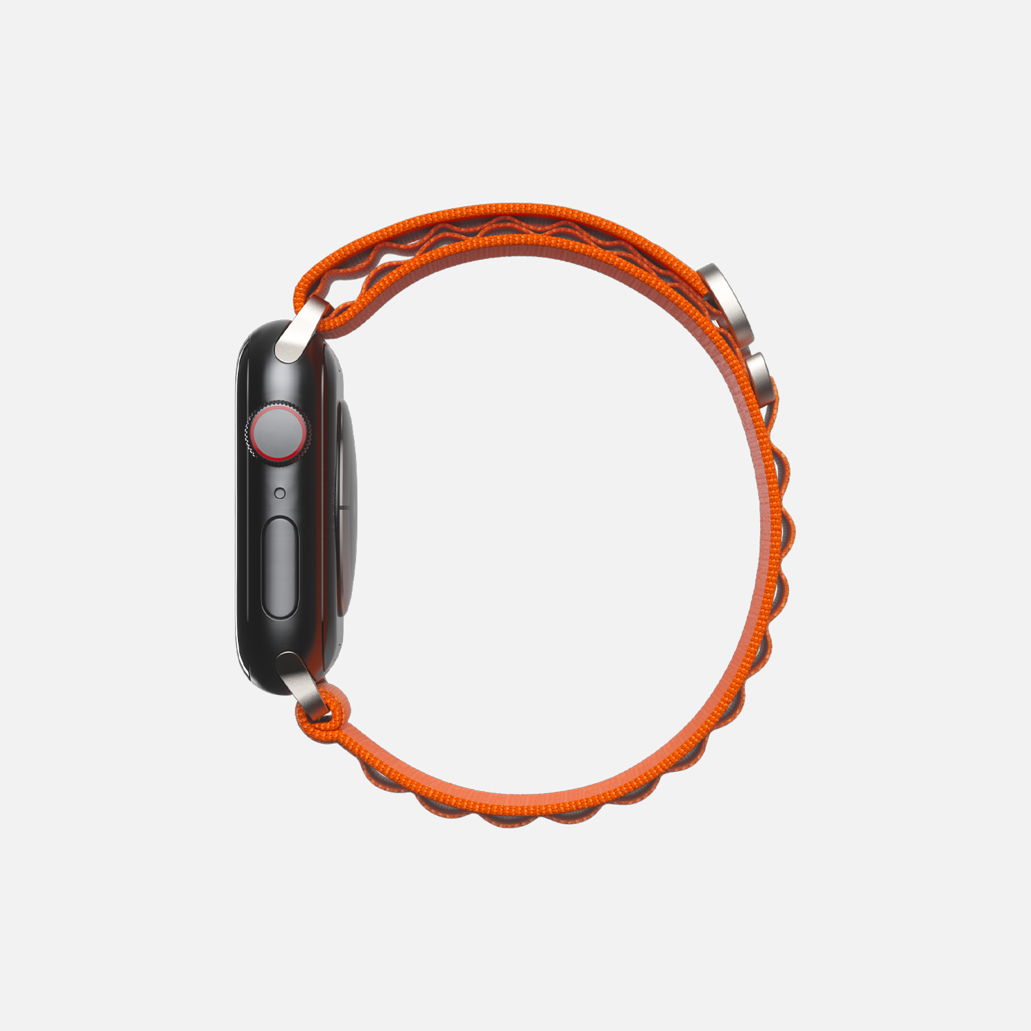 Side view of a smartwatch with orange braided loop isolated on white background.