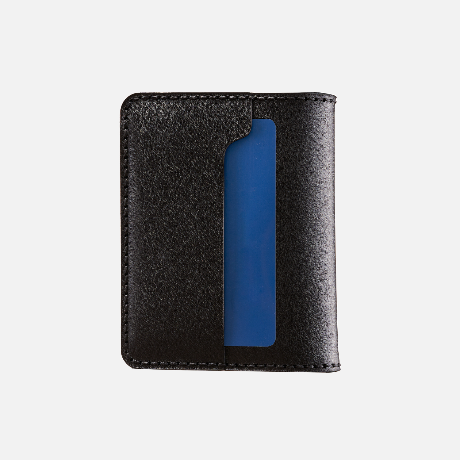 Black leather bifold wallet with blue card isolated on white background.