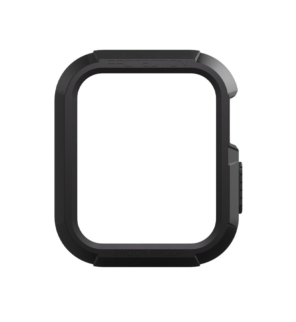 Black shockproof smartwatch case with reinforced corners on a transparent background.