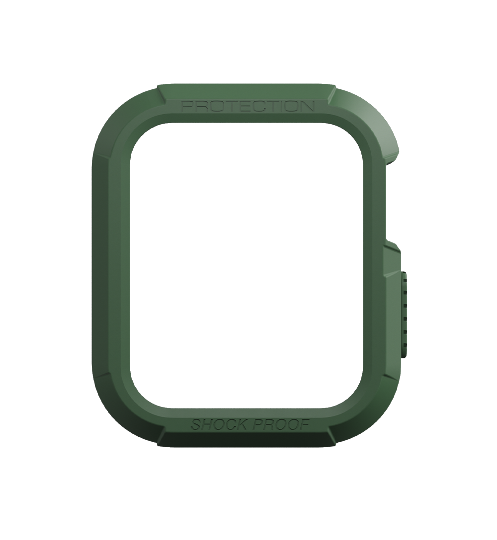 Green shock-proof carabiner with protection label isolated on a transparent background.