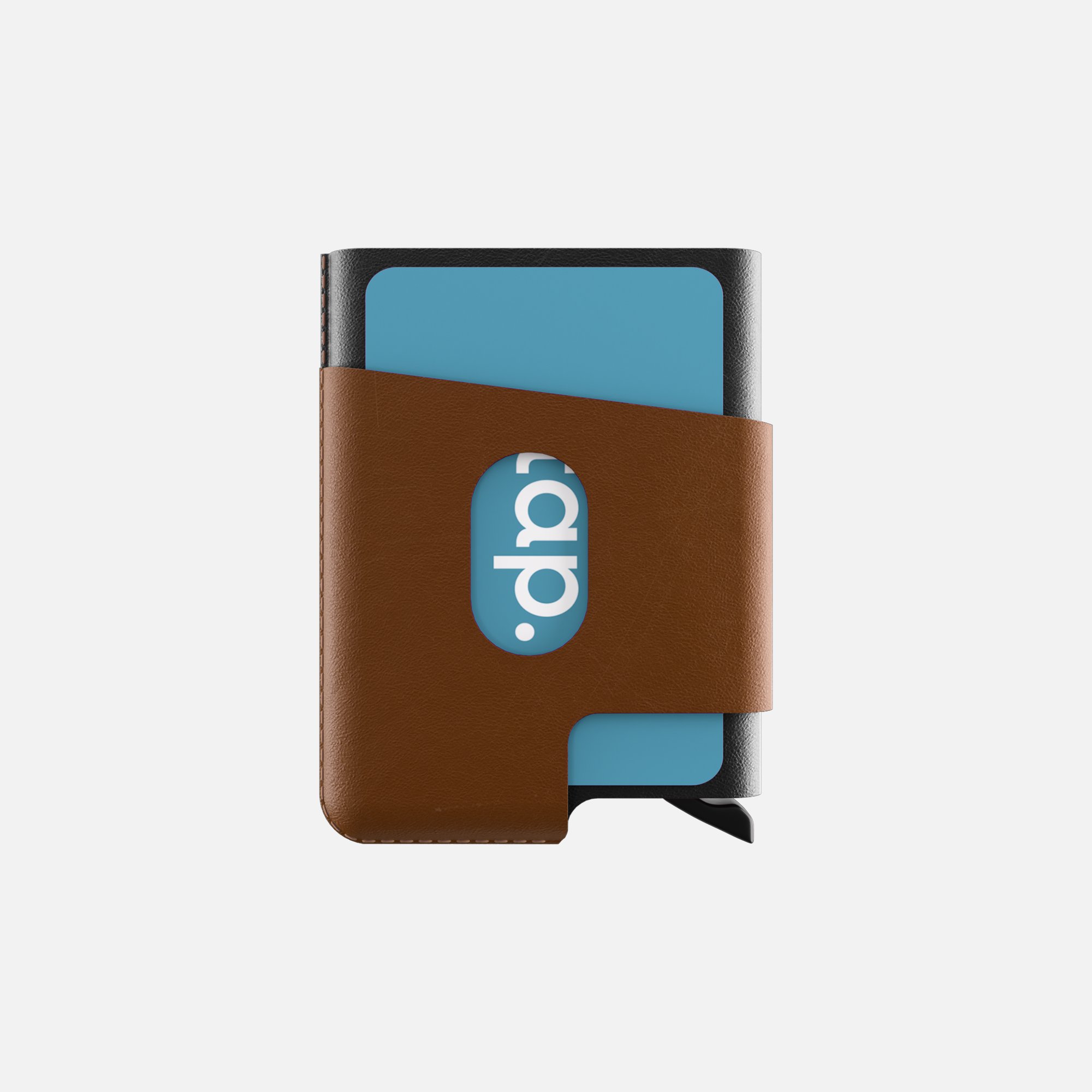 Brown leather wallet with a blue colored tap NFC card and logo on cover, isolated on white background.
