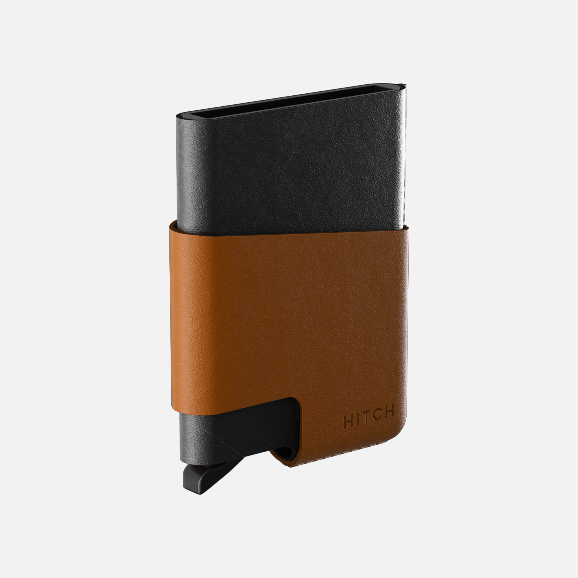 Black and brown leather wallet with card slot and engraved brand name HITCH".