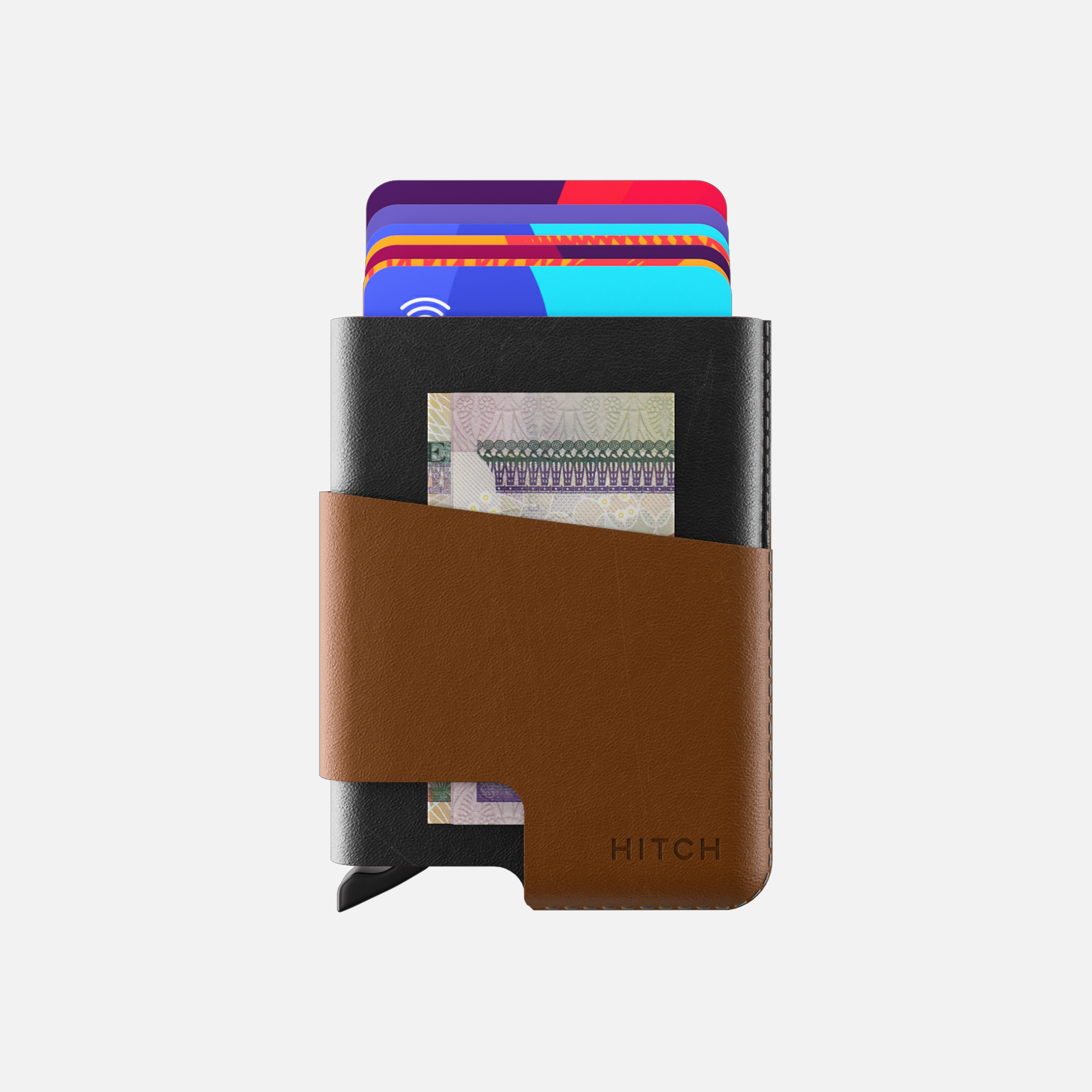 Brown and black minimalist leather cardholder wallet with credit cards and cash visible.