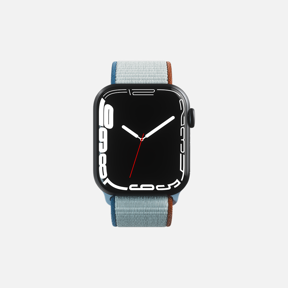 Modern smartwatch with stylish blue and brown band and analog watch face design on white background.