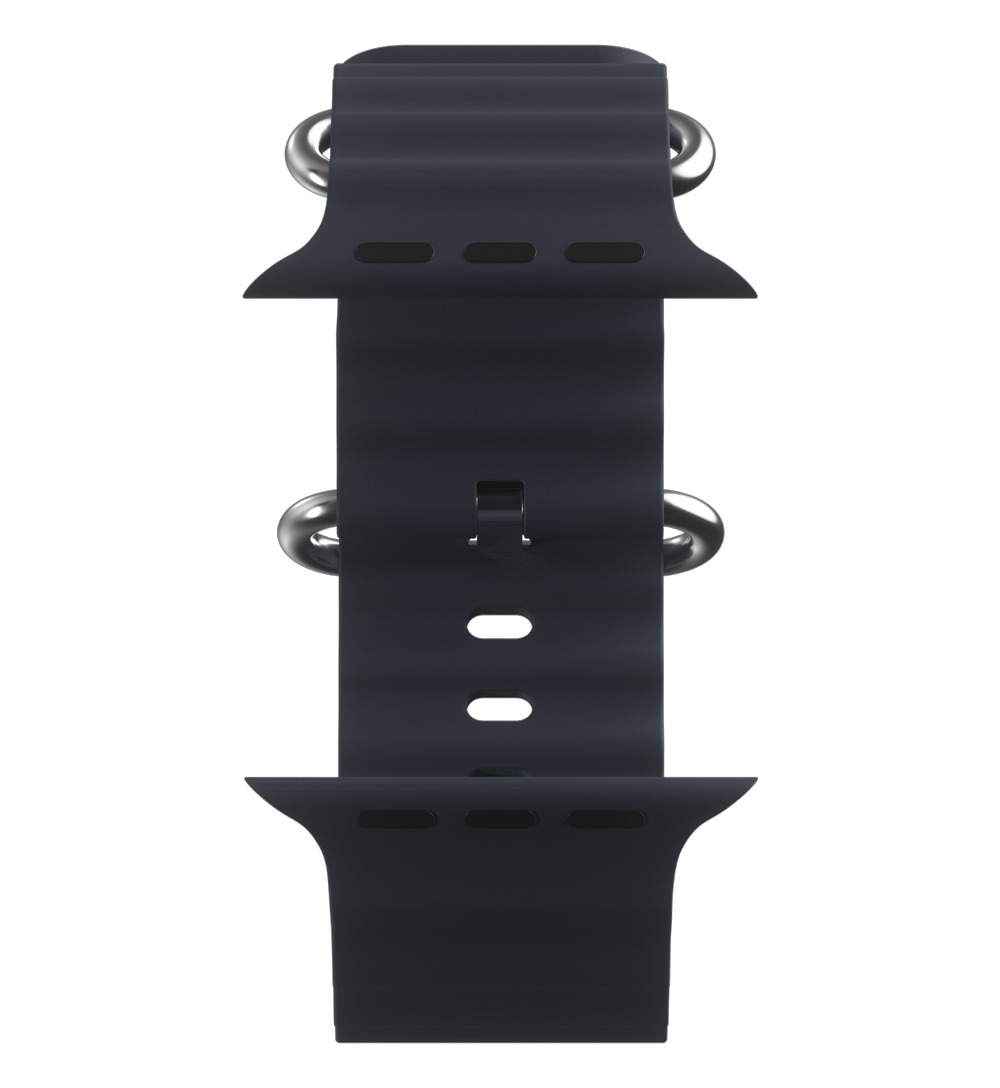 Black silicone smartwatch band for Apple watch on a white background.